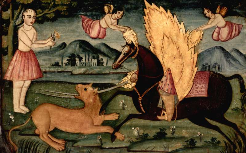 'Ali, with a halo covering his head and torso, stabbing a lion with his sword